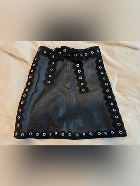 Maje Black Leather Mini Skirt with Scalloped Studded Eyelet Trim